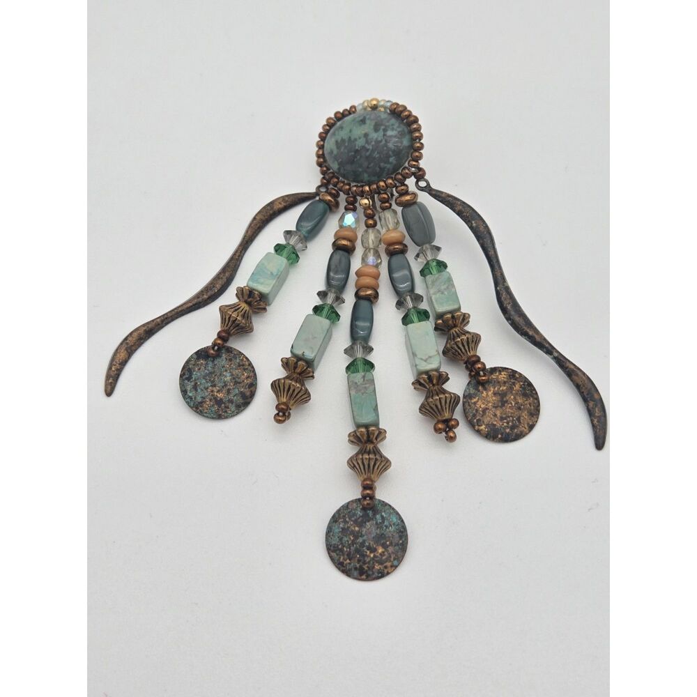Artisan Beaded Clip On Earrings Turquoise Verdigris Dangle Statement 3.25 in - Picture 3 of 5